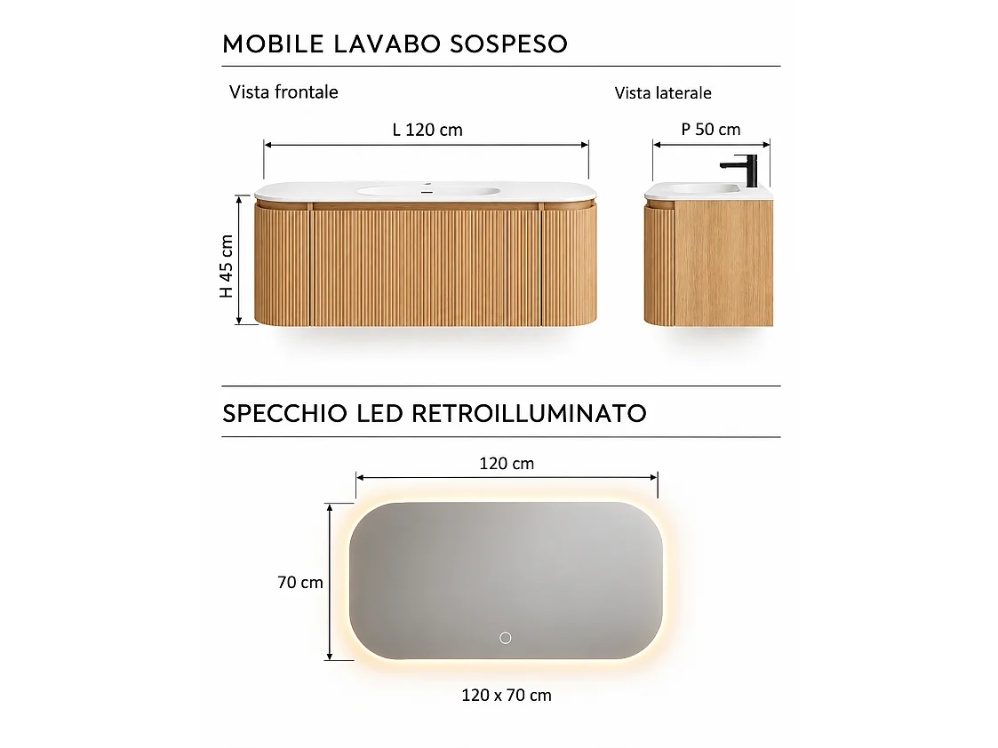 Limpido Design Base 120 cm Legno Rovere  Lavabo Specchio retro illuminato