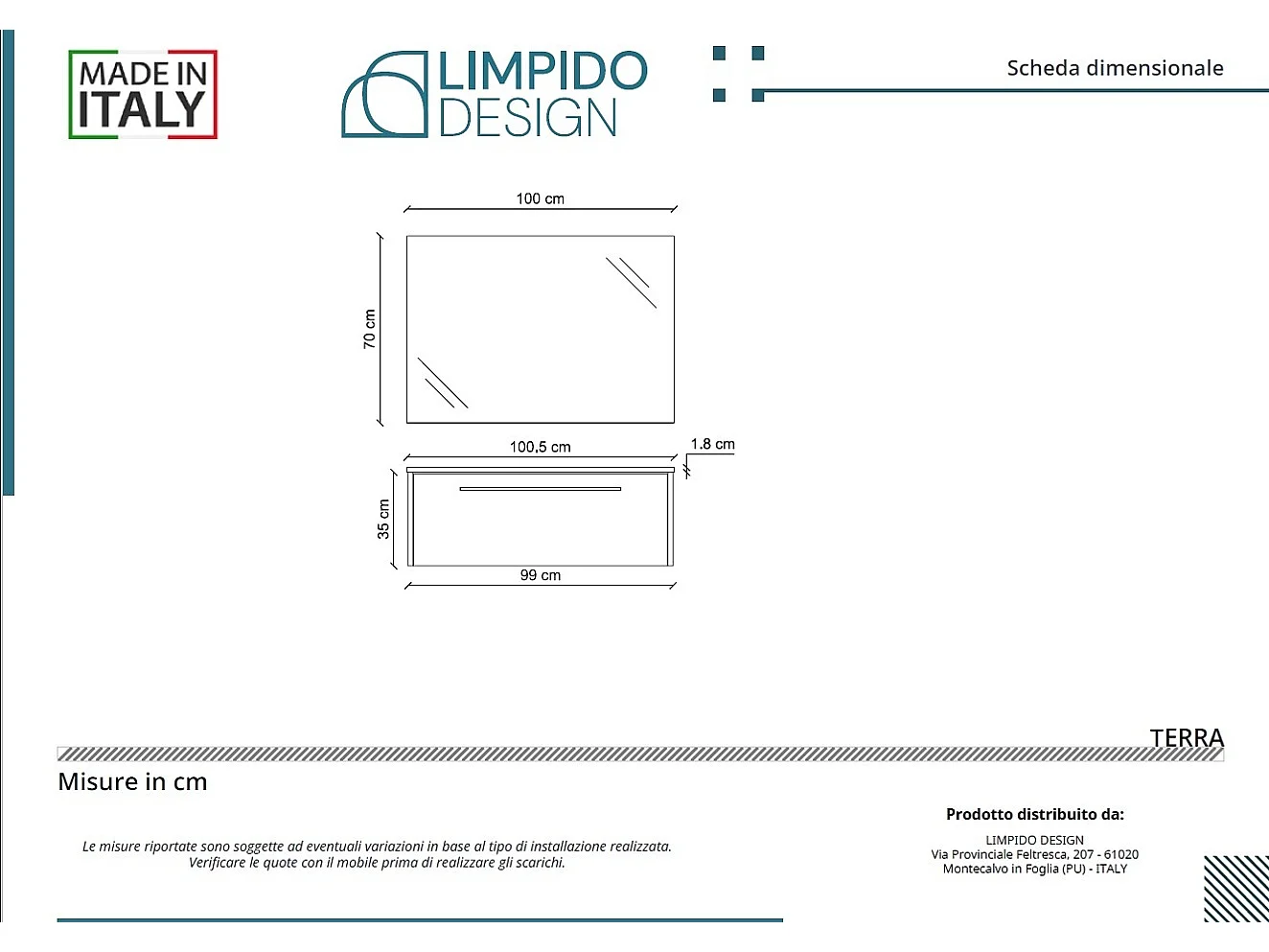 Mobile bagno con lavabo integrato L 100 x H 30 x P 46 Larice Dolomite e Specchio