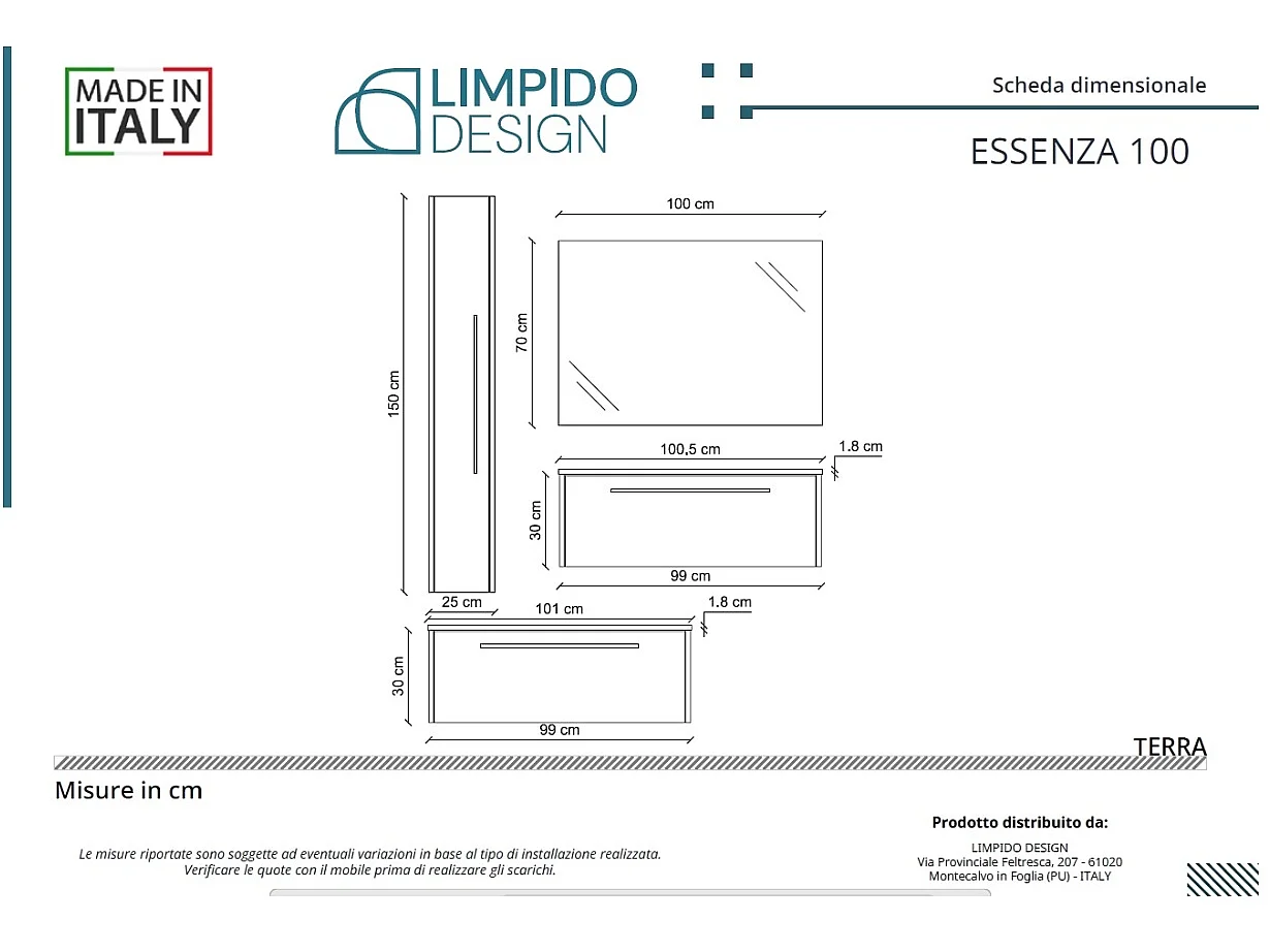 Mobile bagno con lavabo integrato L 100 x H 30 x P 46 Larice Cenere e Specchio