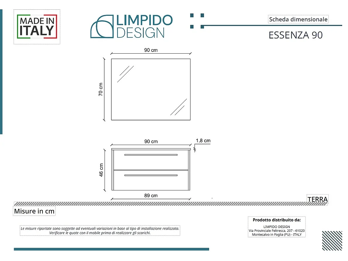 Mobile bagno con lavabo integrato L 90 x H 45 x P 46 Larice Cenere e Specchio