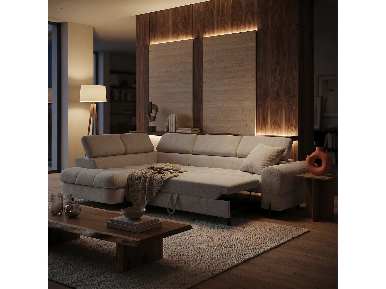 Canapé d'angle BOWL L Gauche avec fonction couchage 125x195 Velours Creme