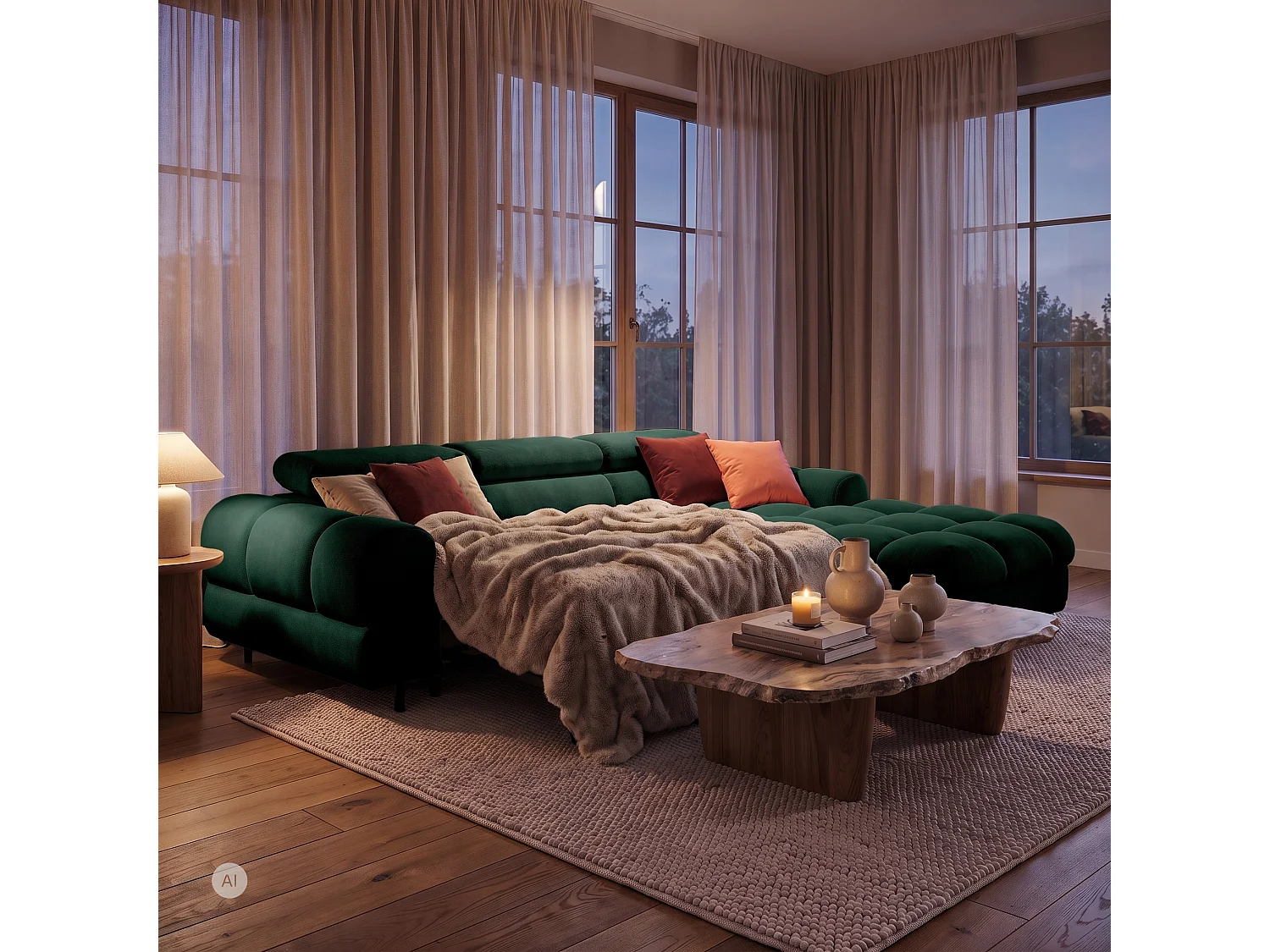 Canapé d’angle UFFO L droite convertible 260 × 195 cm en velours vert foncé