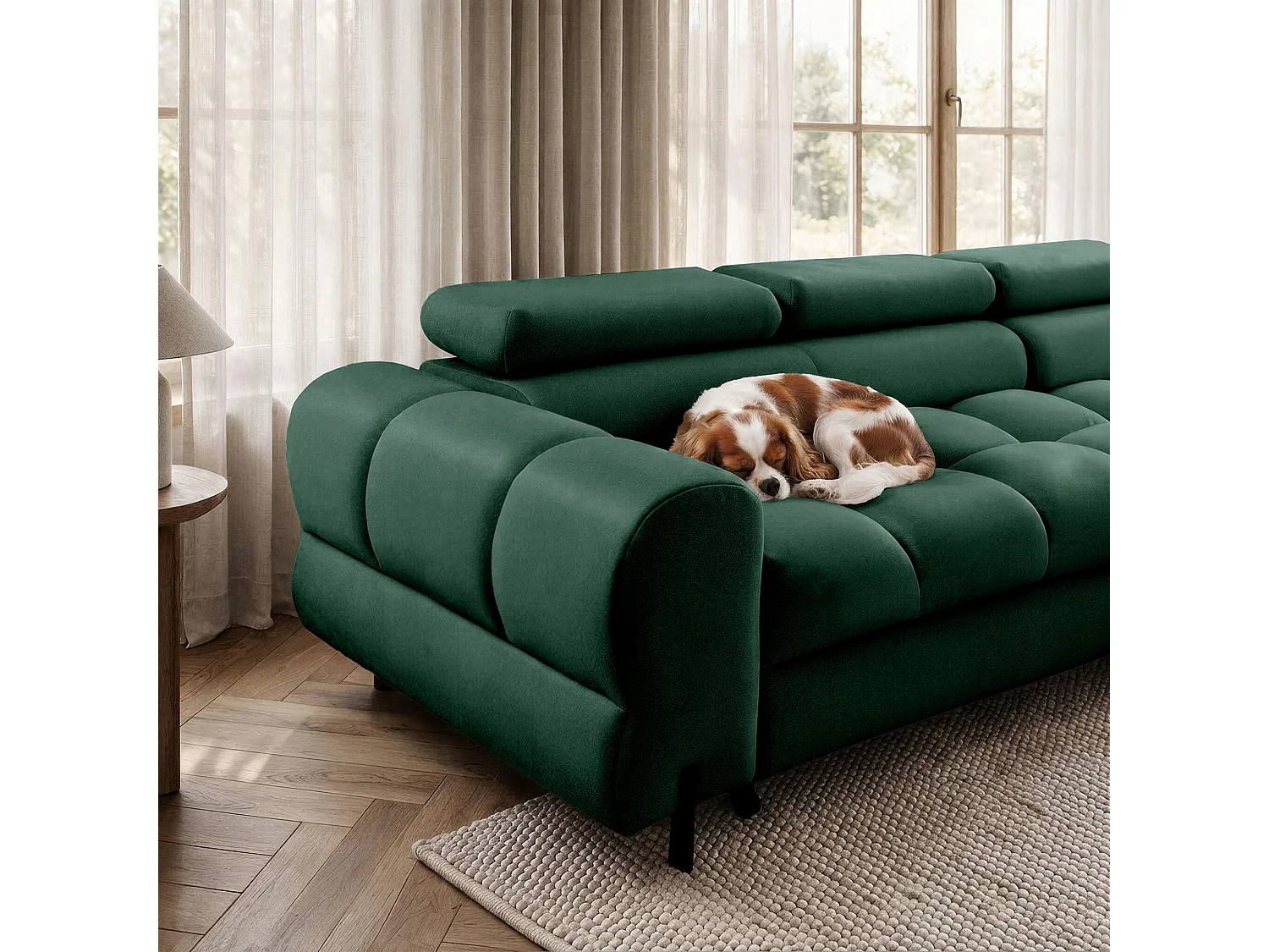 Canapé d’angle UFFO L droite convertible 260 × 195 cm en velours vert foncé
