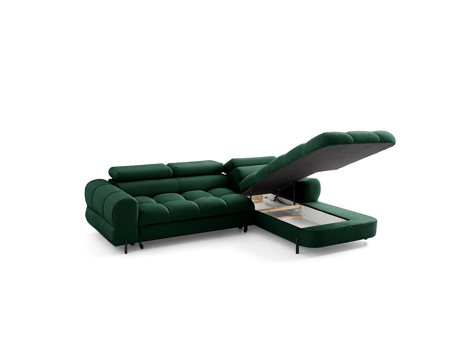 Canapé d’angle UFFO L droite convertible 260 × 195 cm en velours vert foncé