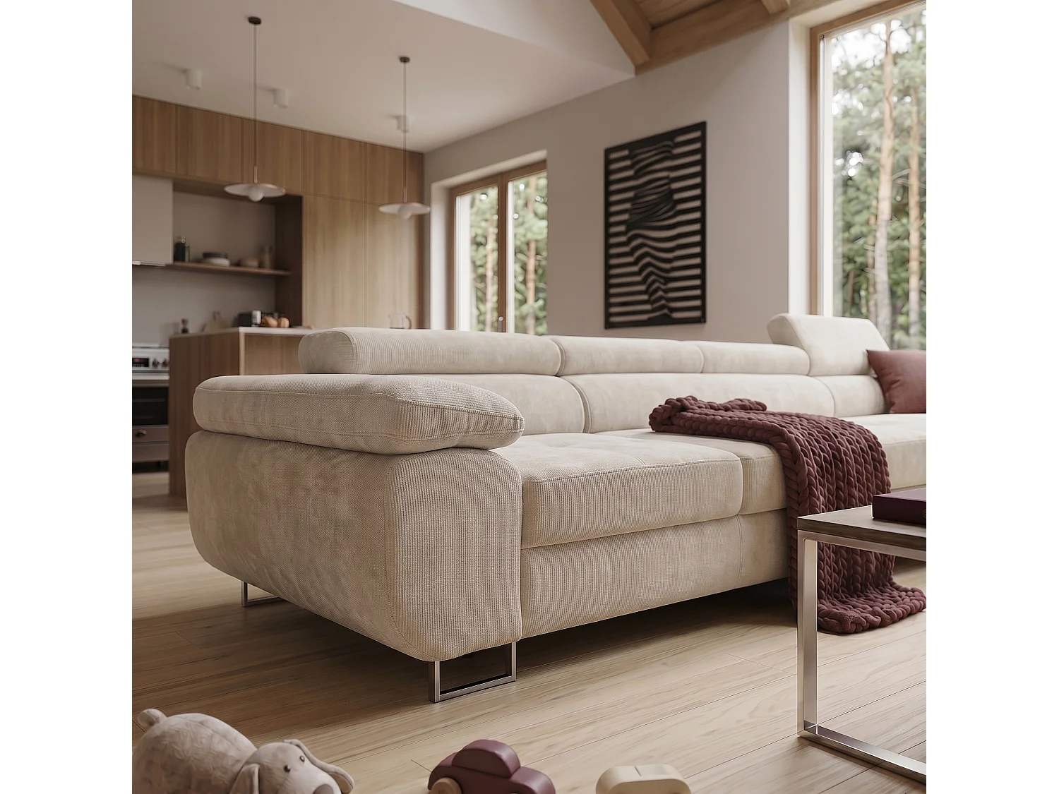 Canapé d'angle ALONZO MAXI Droite avec fonction couchage 128x210 Chenille Beige