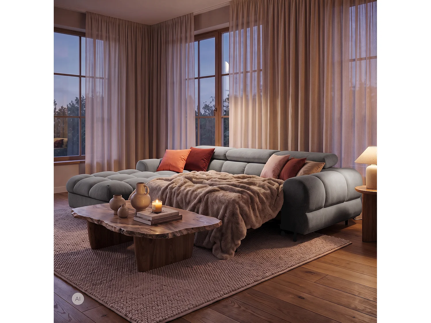 Canapé d’angle UFFO L gauche convertible 260 × 195 cm en velours gris clair