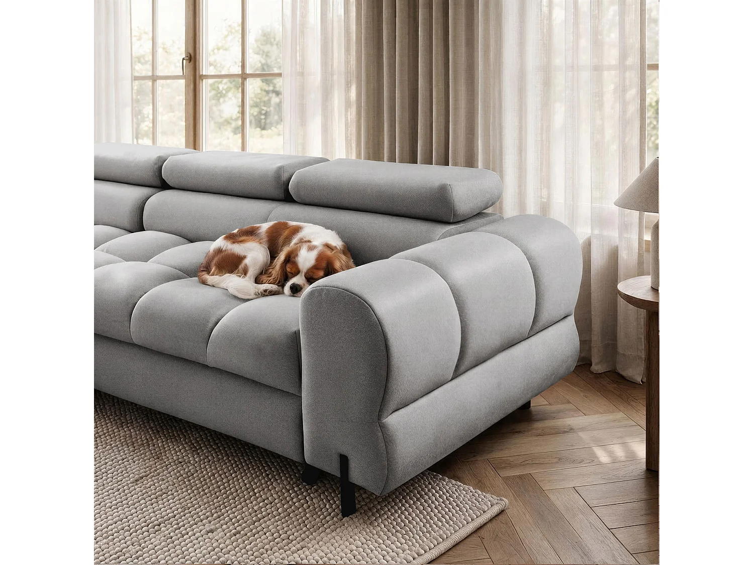 Canapé d’angle UFFO L gauche convertible 260 × 195 cm en velours gris clair