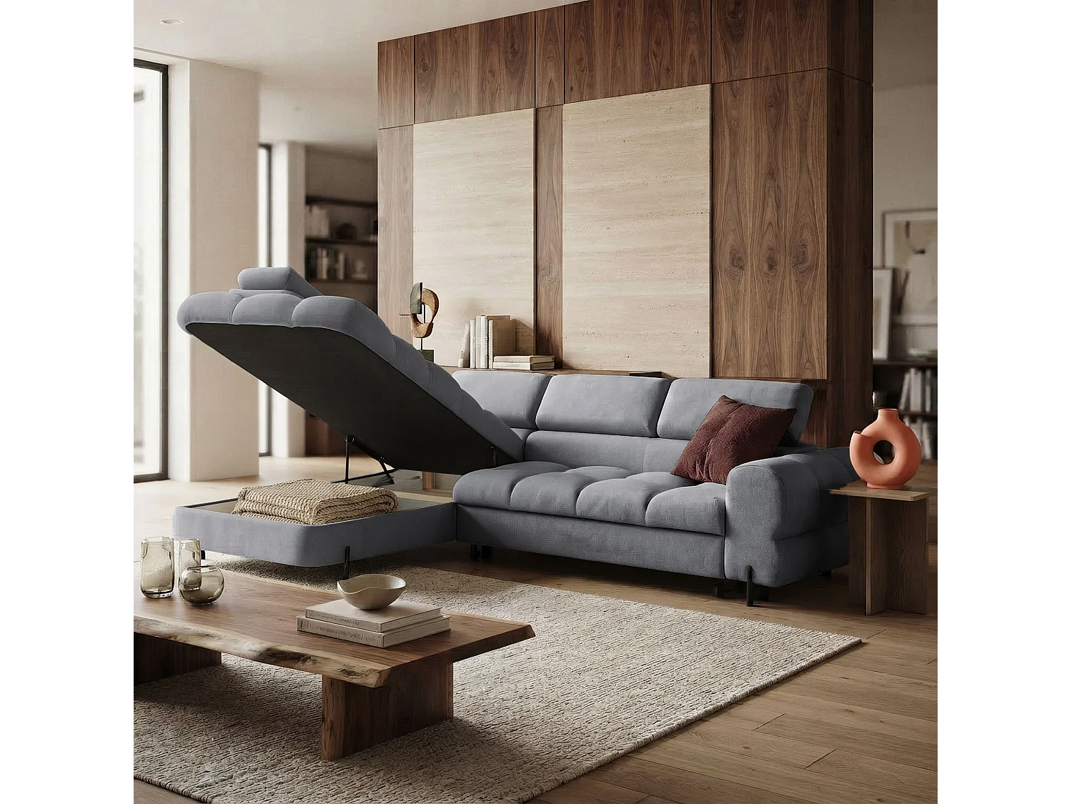 Canapé d'angle BOWL L Gauche avec fonction couchage 125x195 Velours Gris foncé
