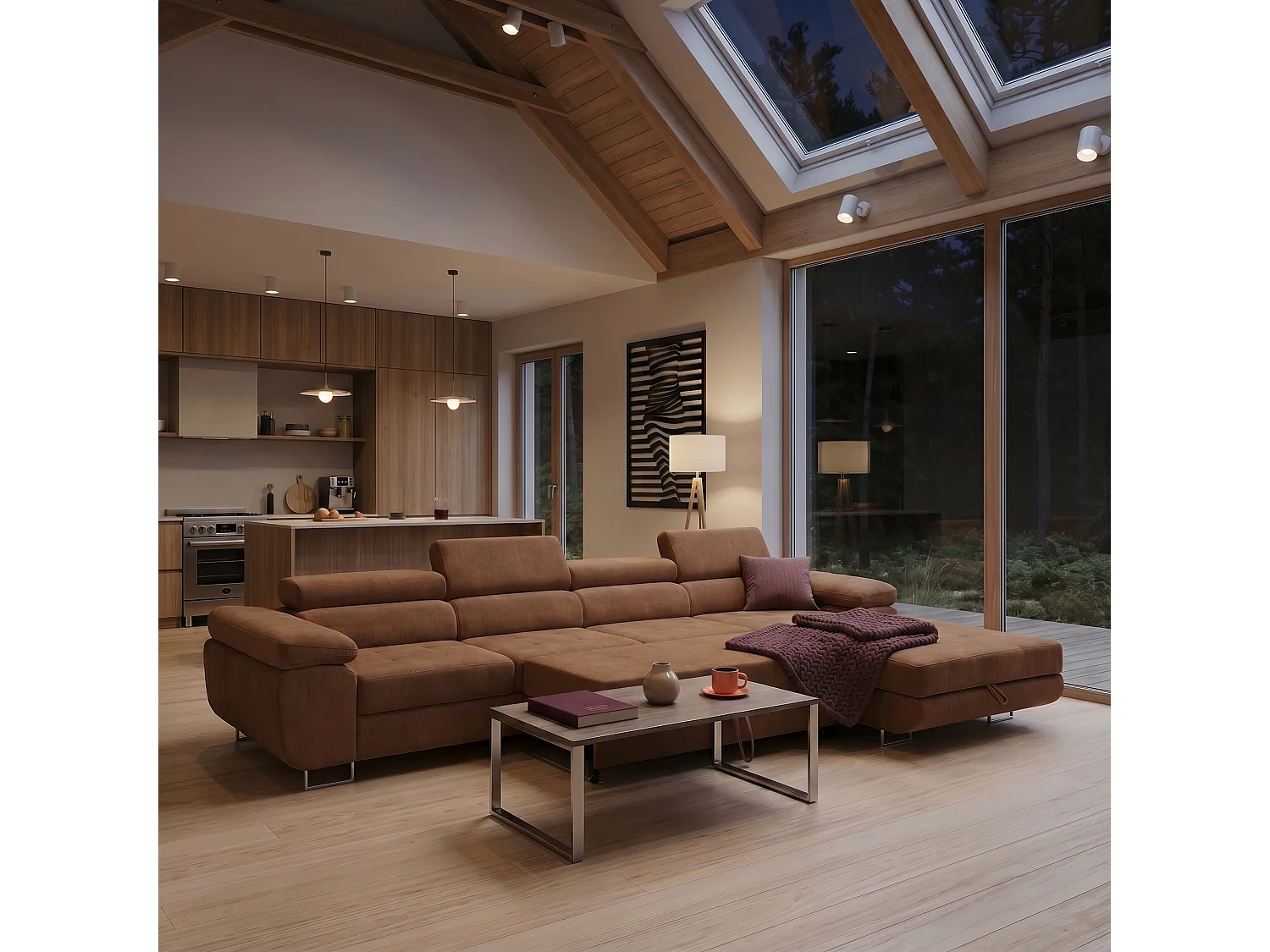 Canapé d'angle ALONZO MAXI Droite avec fonction couchage 125x195 Chenille Marron