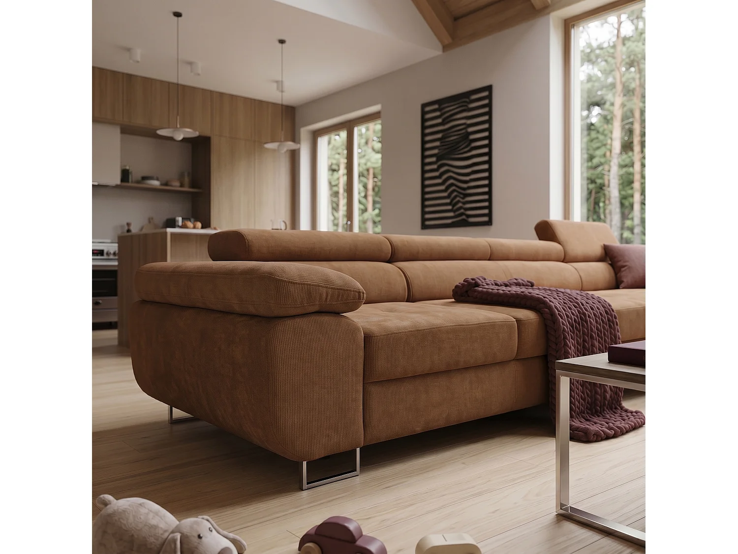 Canapé d'angle ALONZO MAXI Droite avec fonction couchage 125x195 Chenille Marron
