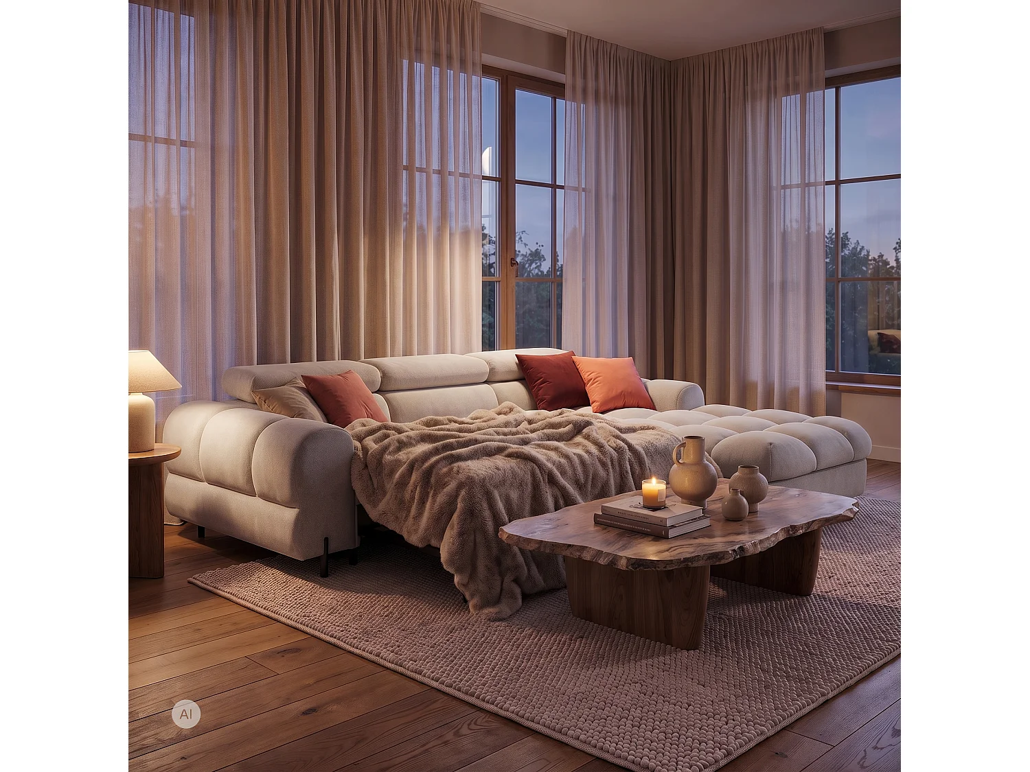 Canapé d’angle UFFO L droite convertible 260 × 195 cm en velours creme