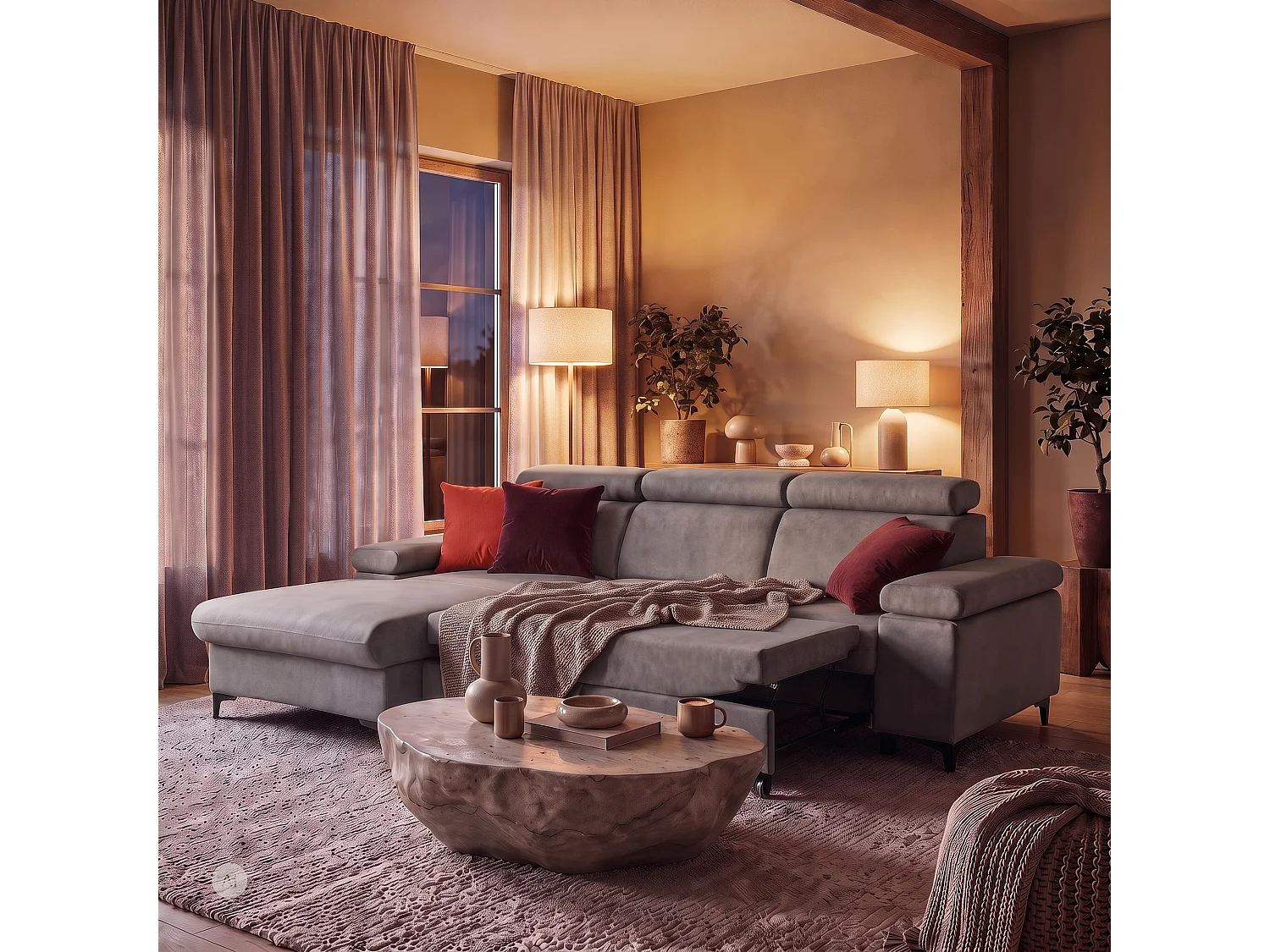 Canapé d’angle MAVIC L gauche avec fonction couchage en velours 126 x 200 cm gris clair