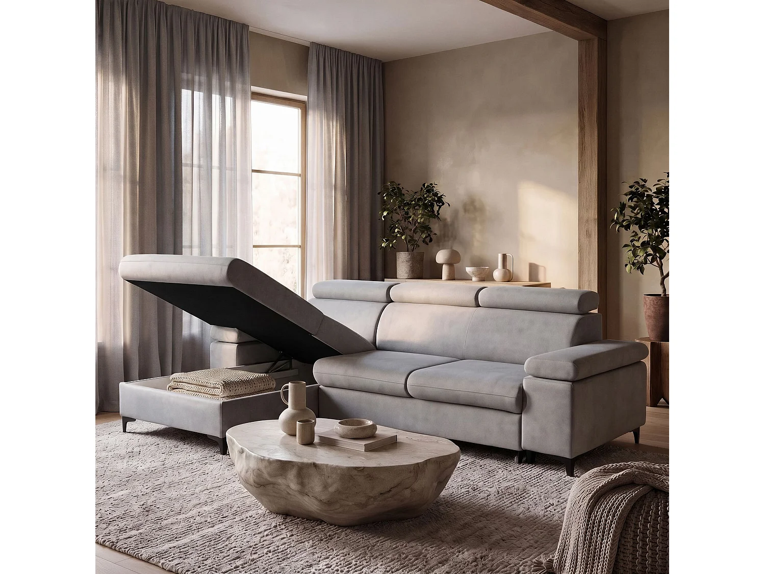 Canapé d’angle MAVIC L gauche avec fonction couchage en velours 126 x 200 cm gris clair