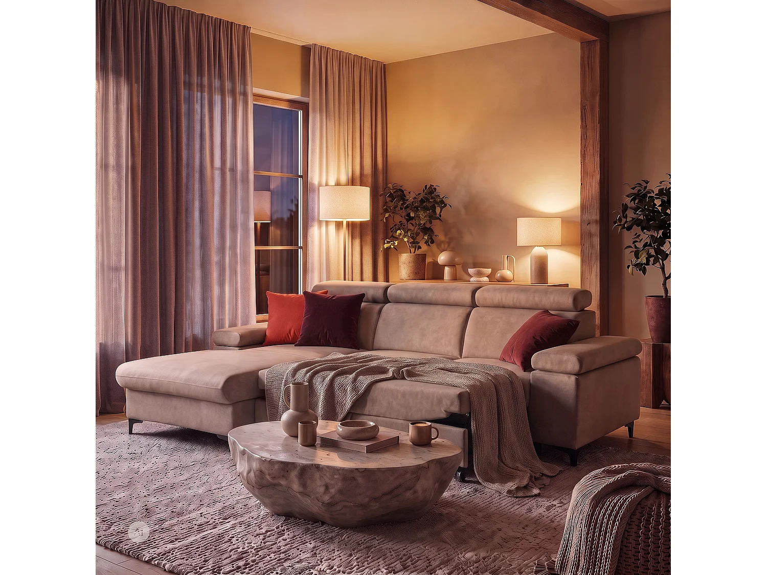 Canapé d’angle MAVIC L gauche avec fonction couchage en velours 126 x 200 cm creme