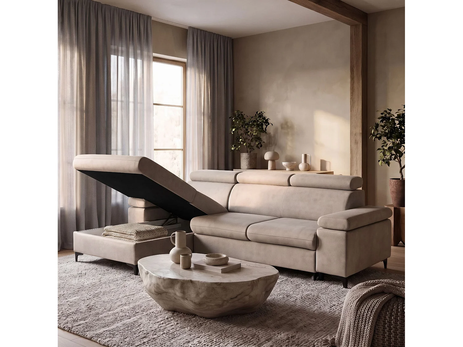 Canapé d’angle MAVIC L gauche avec fonction couchage en velours 126 x 200 cm creme