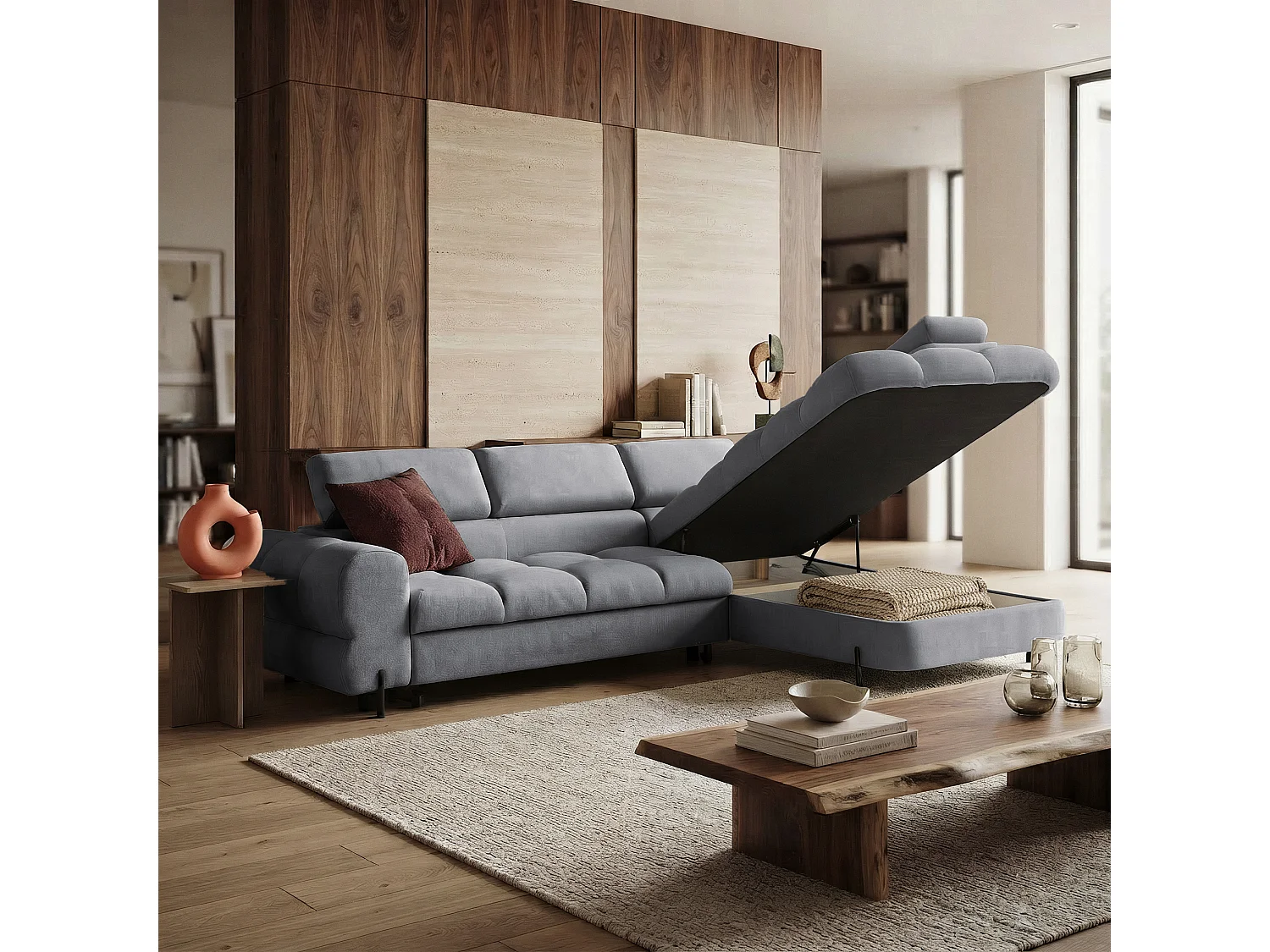 Canapé d'angle BOWL L Droite avec fonction couchage 125x195 Velours Gris foncé