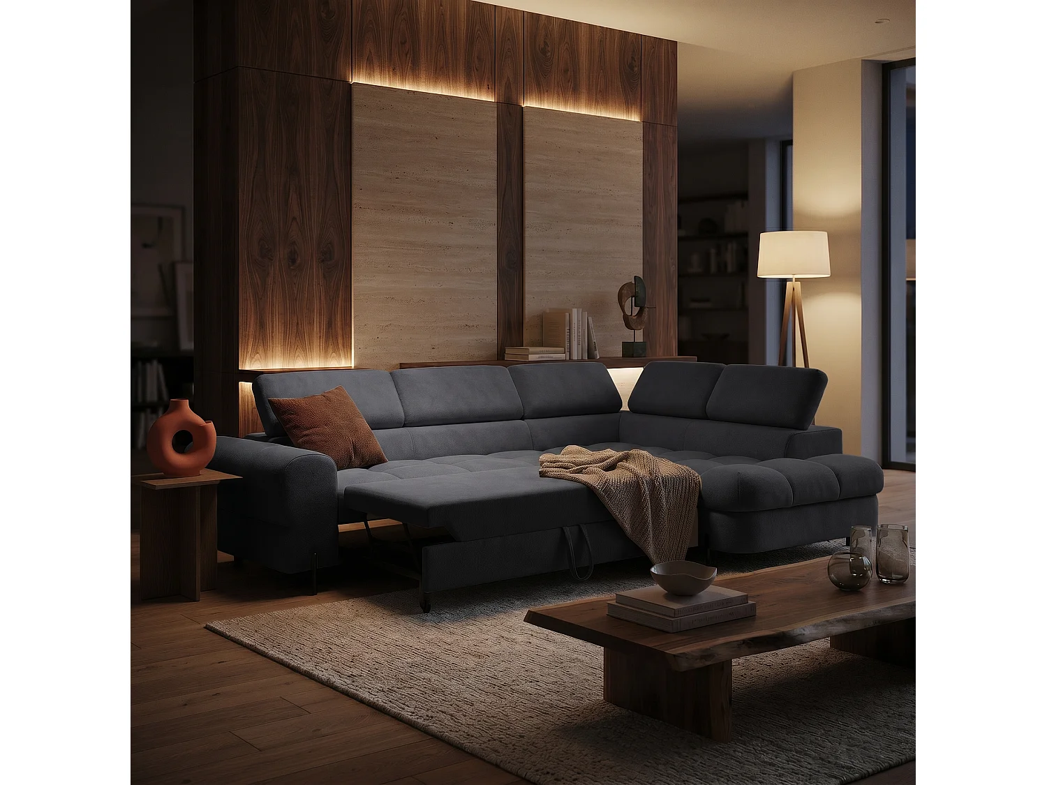 Canapé d'angle BOWL L Droite avec fonction couchage 125x195 Velours Gris foncé