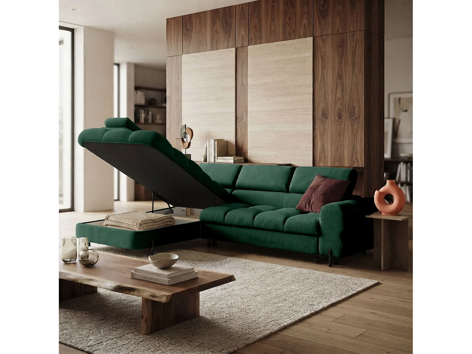 Canapé d'angle BOWL L Gauche avec fonction couchage 125x195 Velours Vert