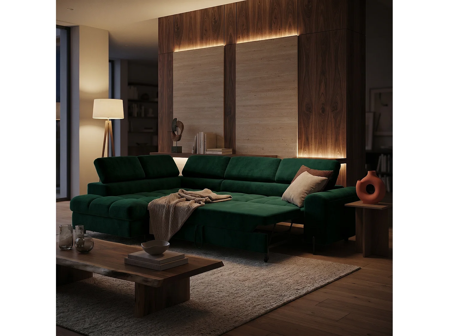 Canapé d'angle BOWL L Gauche avec fonction couchage 125x195 Velours Vert