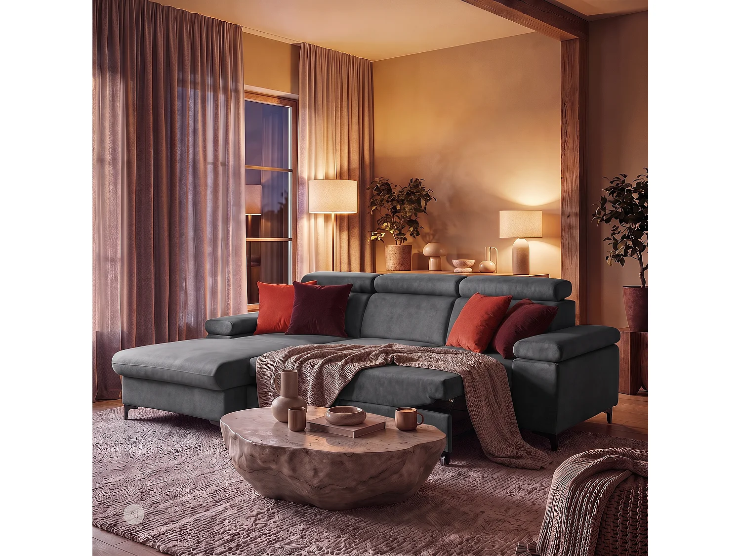 Canapé d’angle MAVIC L gauche avec fonction couchage en velours 126 x 200 cm gris