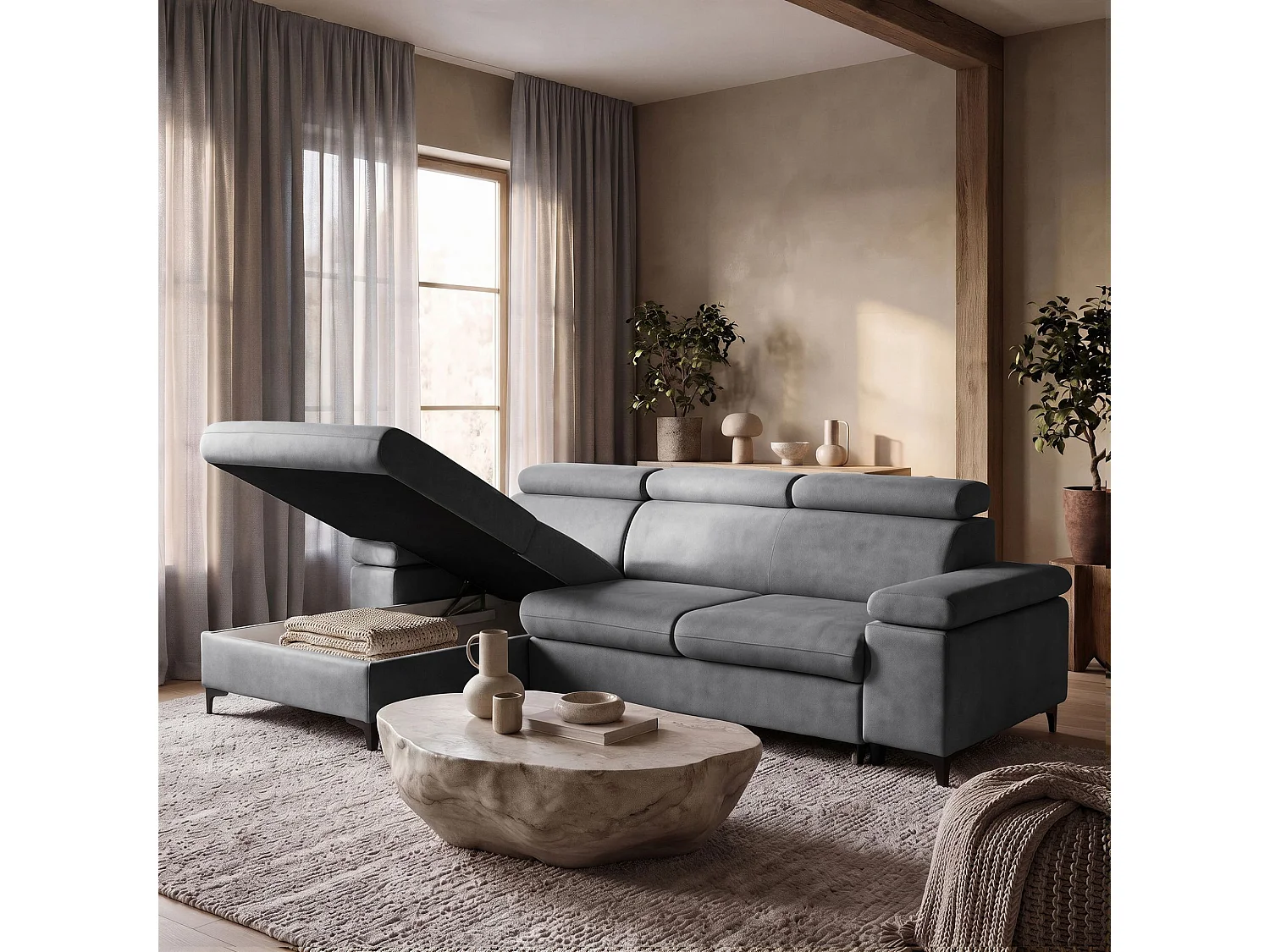 Canapé d’angle MAVIC L gauche avec fonction couchage en velours 126 x 200 cm gris