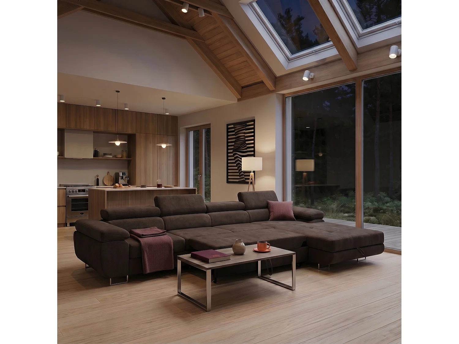 Canapé d'angle ALONZO MAXI Droite avec fonction couchage 125x195 Chenille Marron foncé