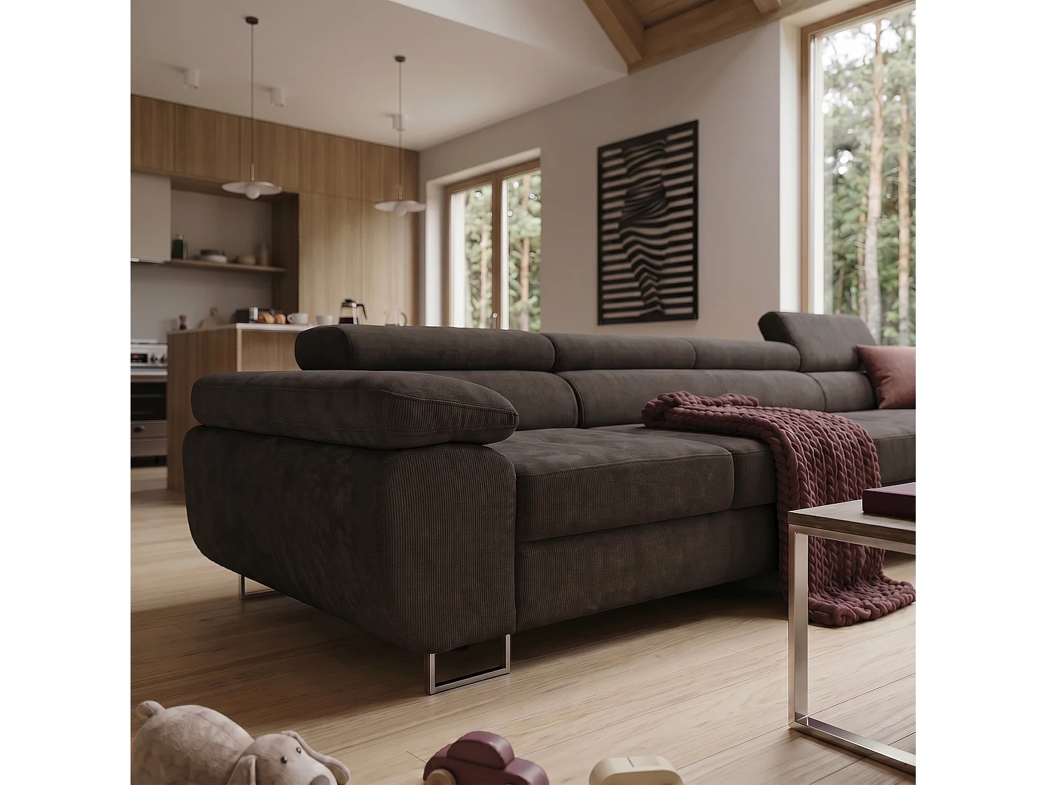 Canapé d'angle ALONZO MAXI Droite avec fonction couchage 125x195 Chenille Marron foncé