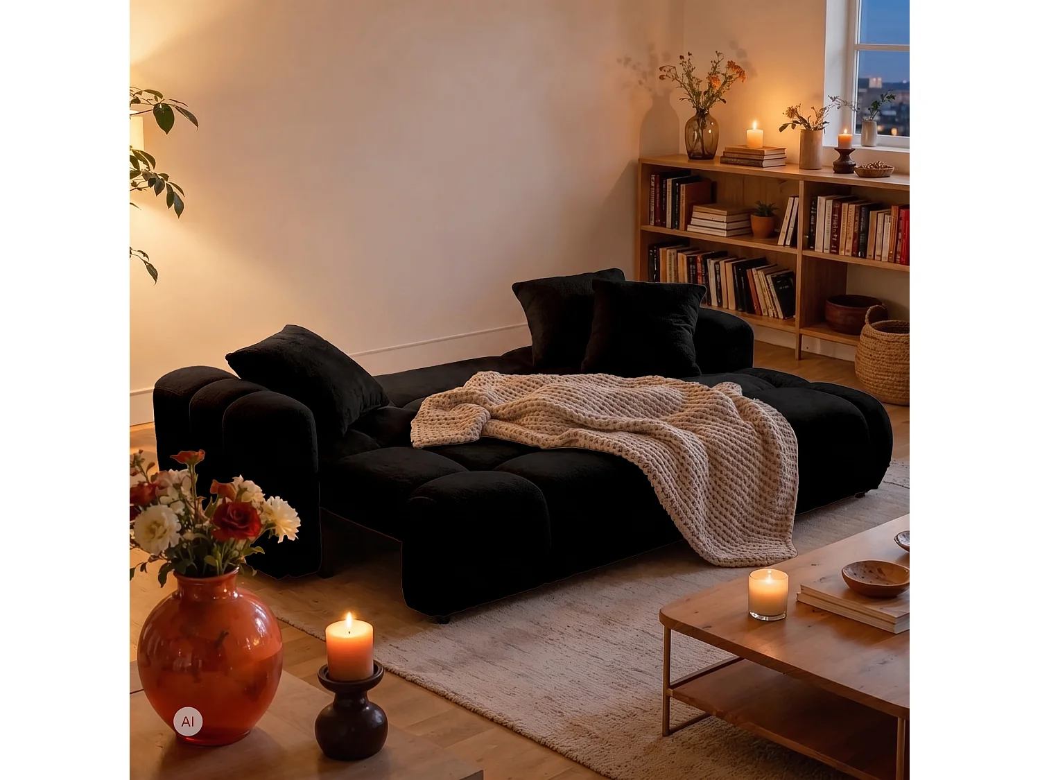 CALM L hoekbank rechts met slaapfunctie 140 × 215 cm in zwart stof
