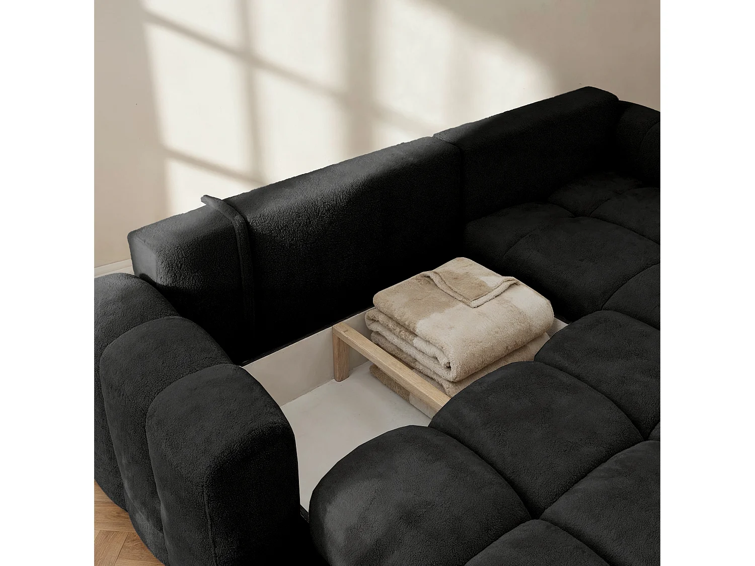 CALM L hoekbank rechts met slaapfunctie 140 × 215 cm in zwart stof