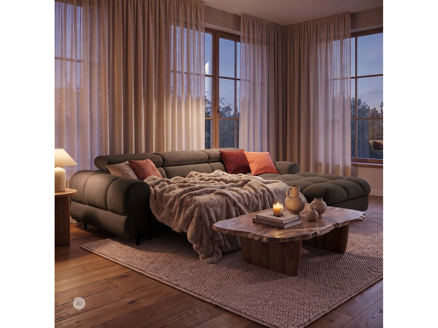 Canapé d’angle UFFO L droite convertible 260 × 195 cm en velours beige
