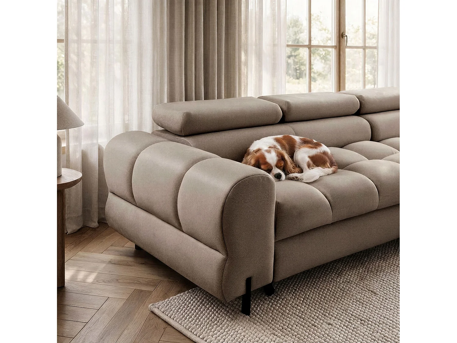 Canapé d’angle UFFO L droite convertible 260 × 195 cm en velours beige