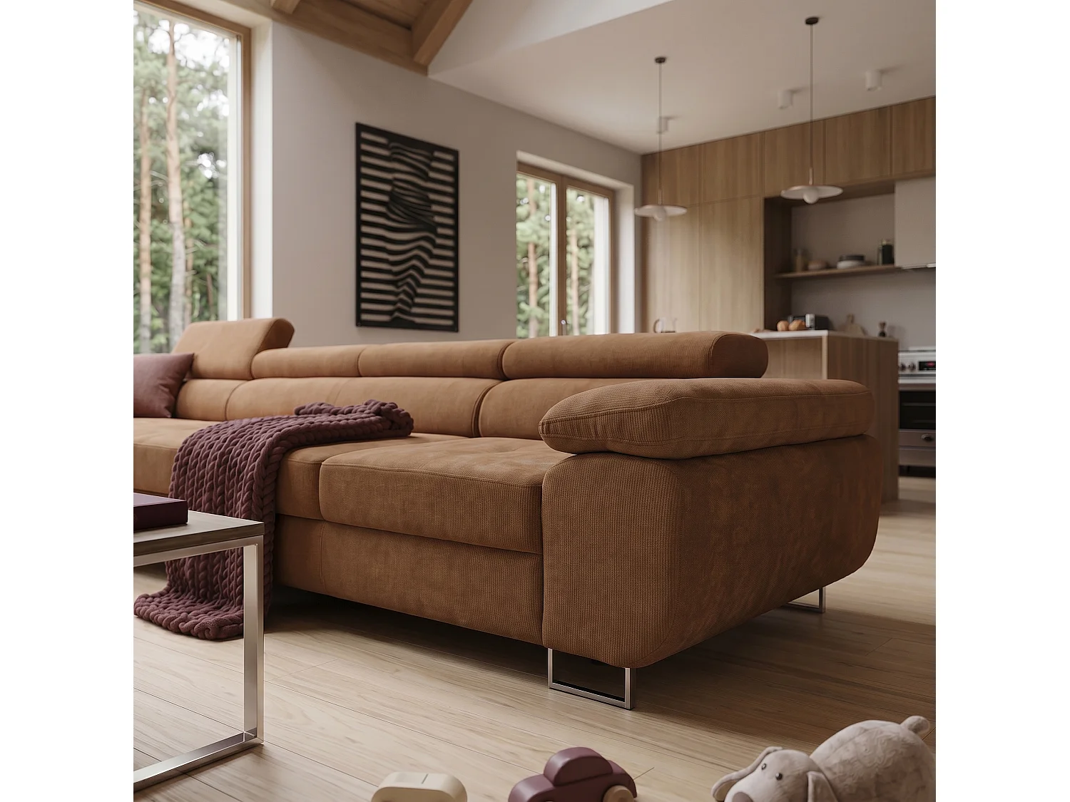 Canapé d'angle ALONZO MAXI Gauche avec fonction couchage 125x195 Chenille Marron