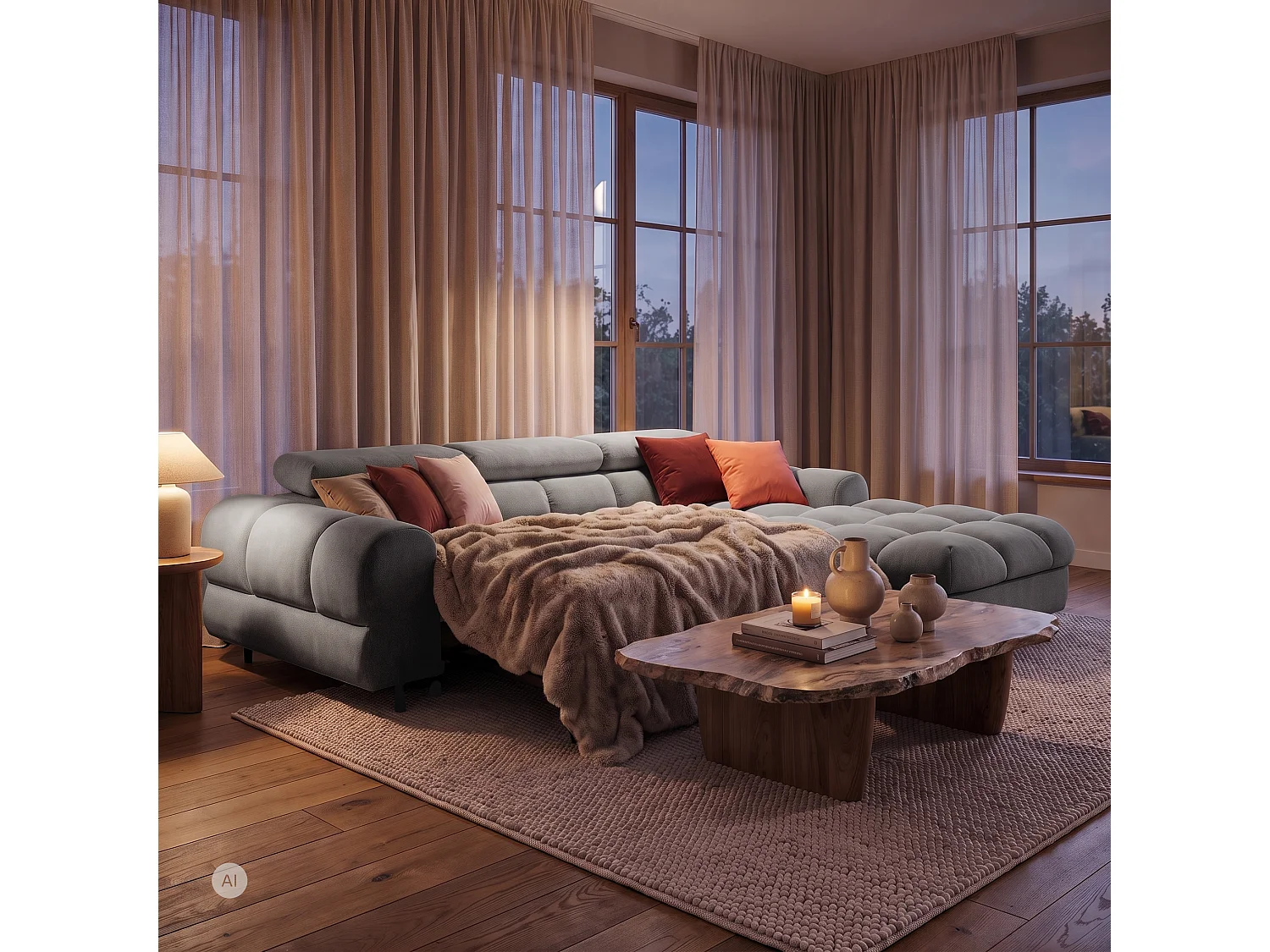 Canapé d’angle UFFO L droite convertible 260 × 195 cm en velours gris clair