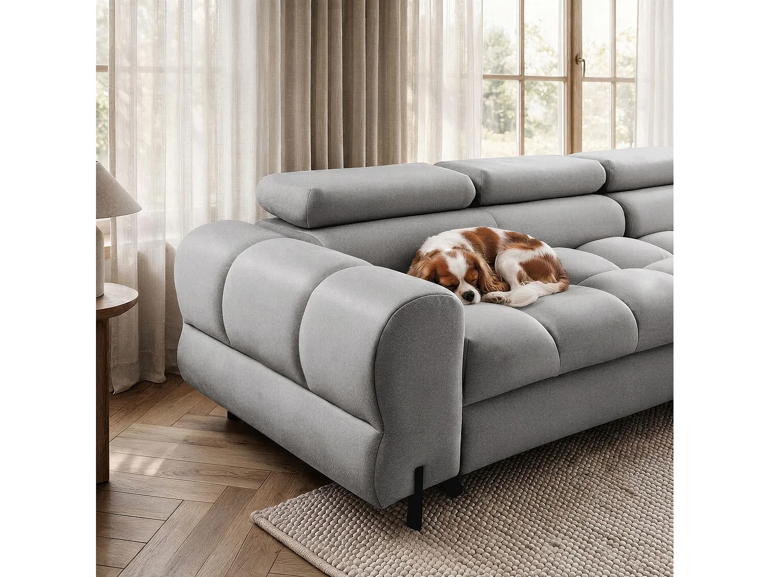 Canapé d’angle UFFO L droite convertible 260 × 195 cm en velours gris clair