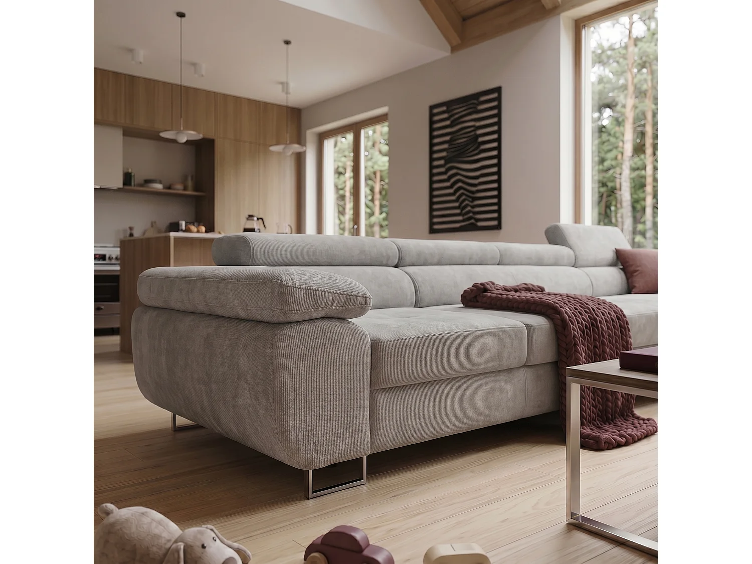 Canapé d'angle ALONZO MAXI Droite avec fonction couchage 128x210 Chenille Gris