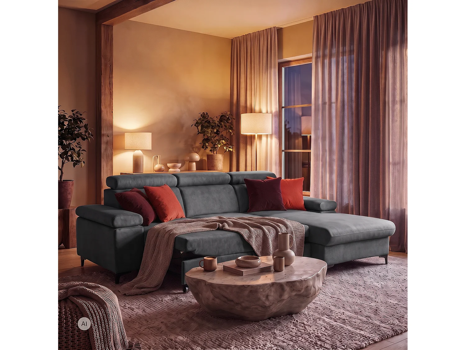 Canapé d’angle MAVIC L droite avec fonction couchage en velours 126 x 200 cm gris