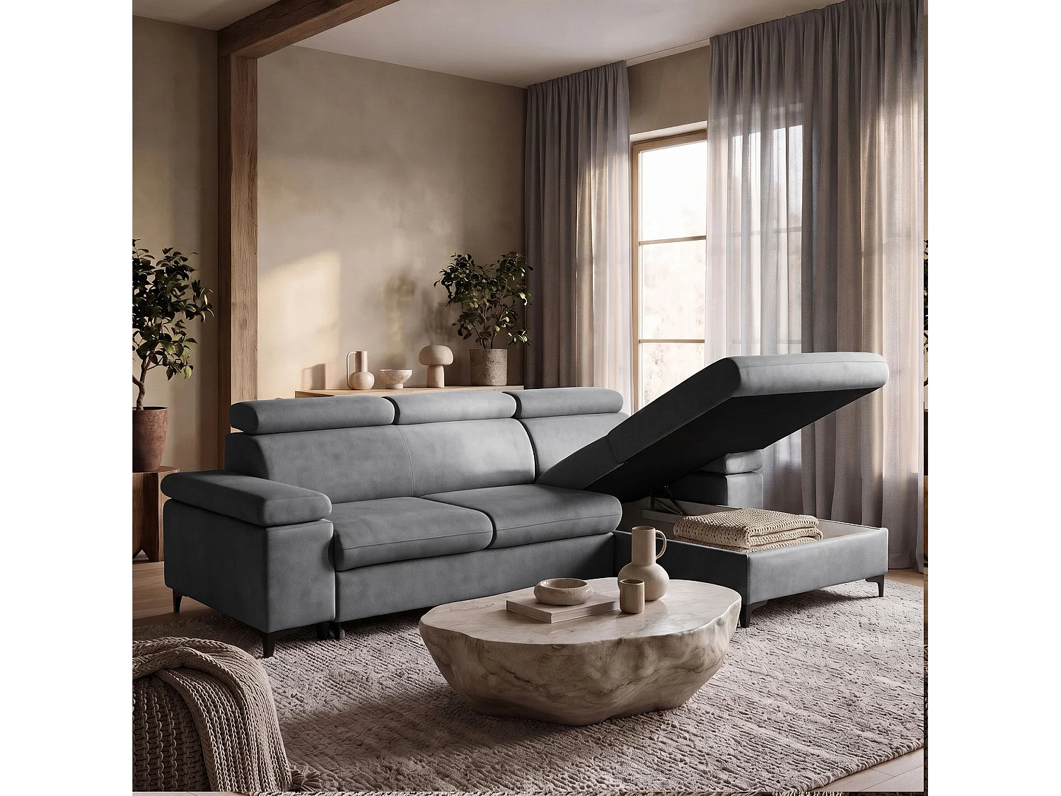 Canapé d’angle MAVIC L droite avec fonction couchage en velours 126 x 200 cm gris