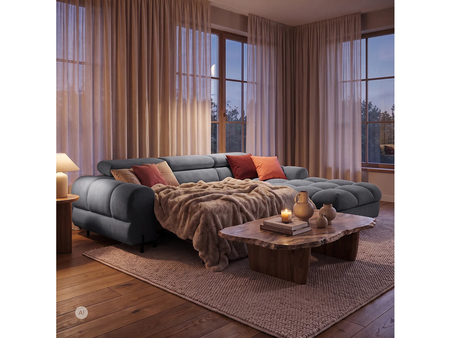 Canapé d’angle UFFO L droite convertible 260 × 195 cm en velours gris