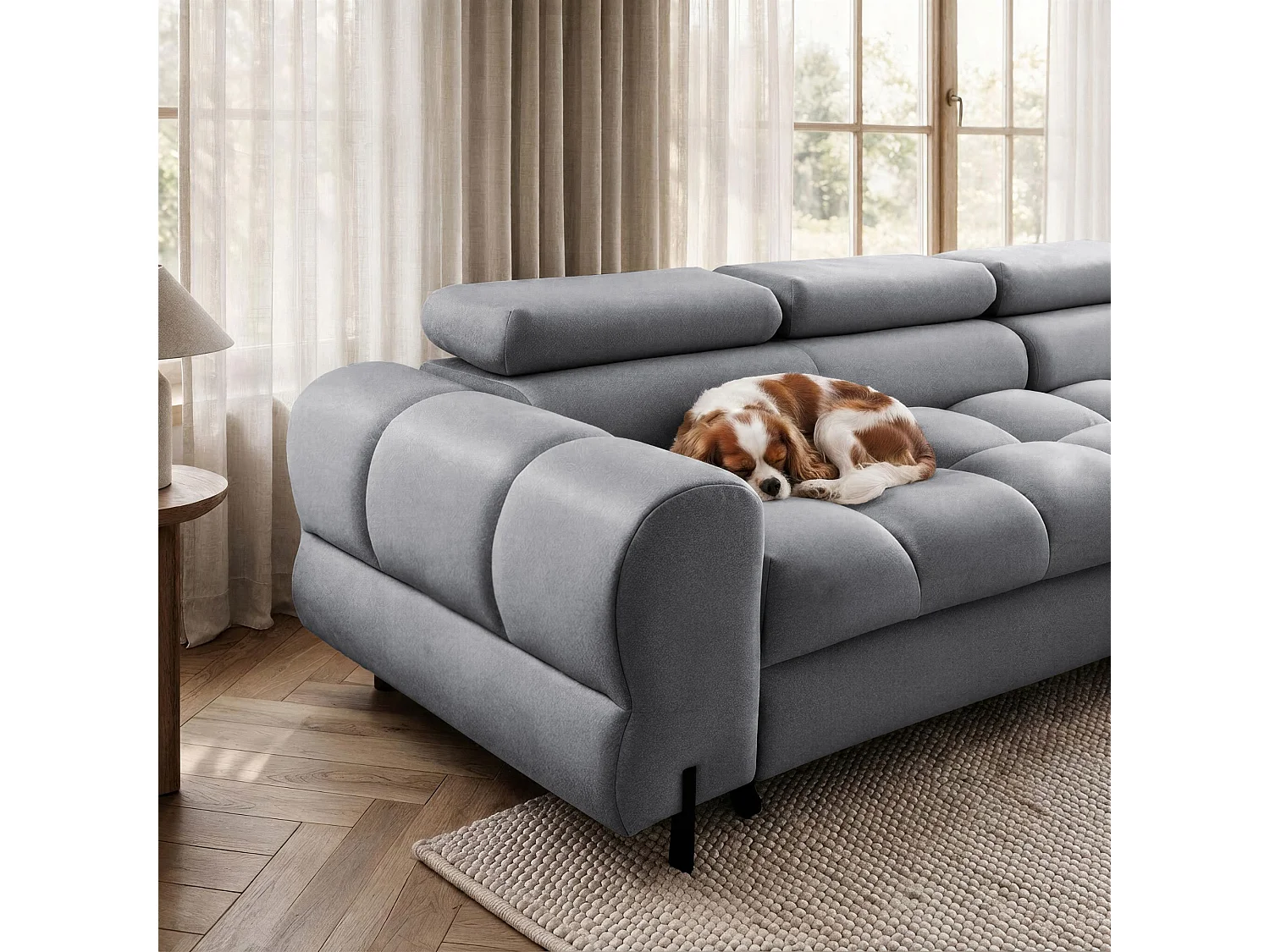 Canapé d’angle UFFO L droite convertible 260 × 195 cm en velours gris