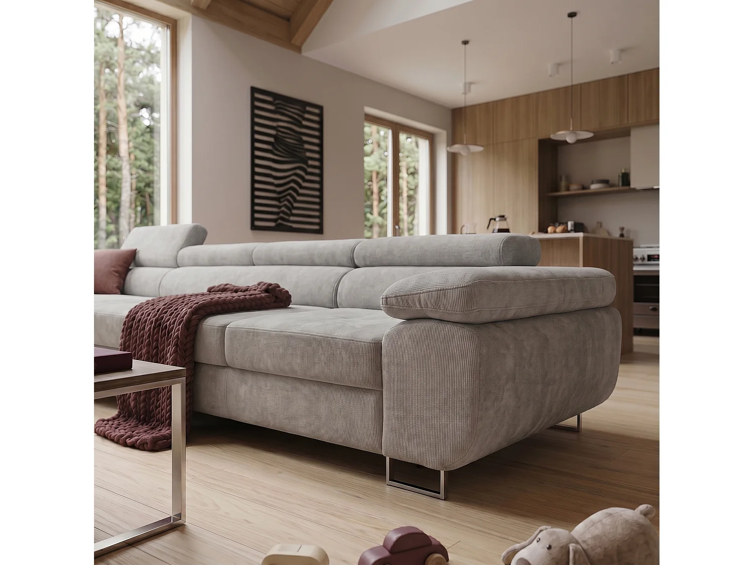 Canapé d'angle ALONZO MAXI Gauche avec fonction couchage 128x210 Chenille Gris