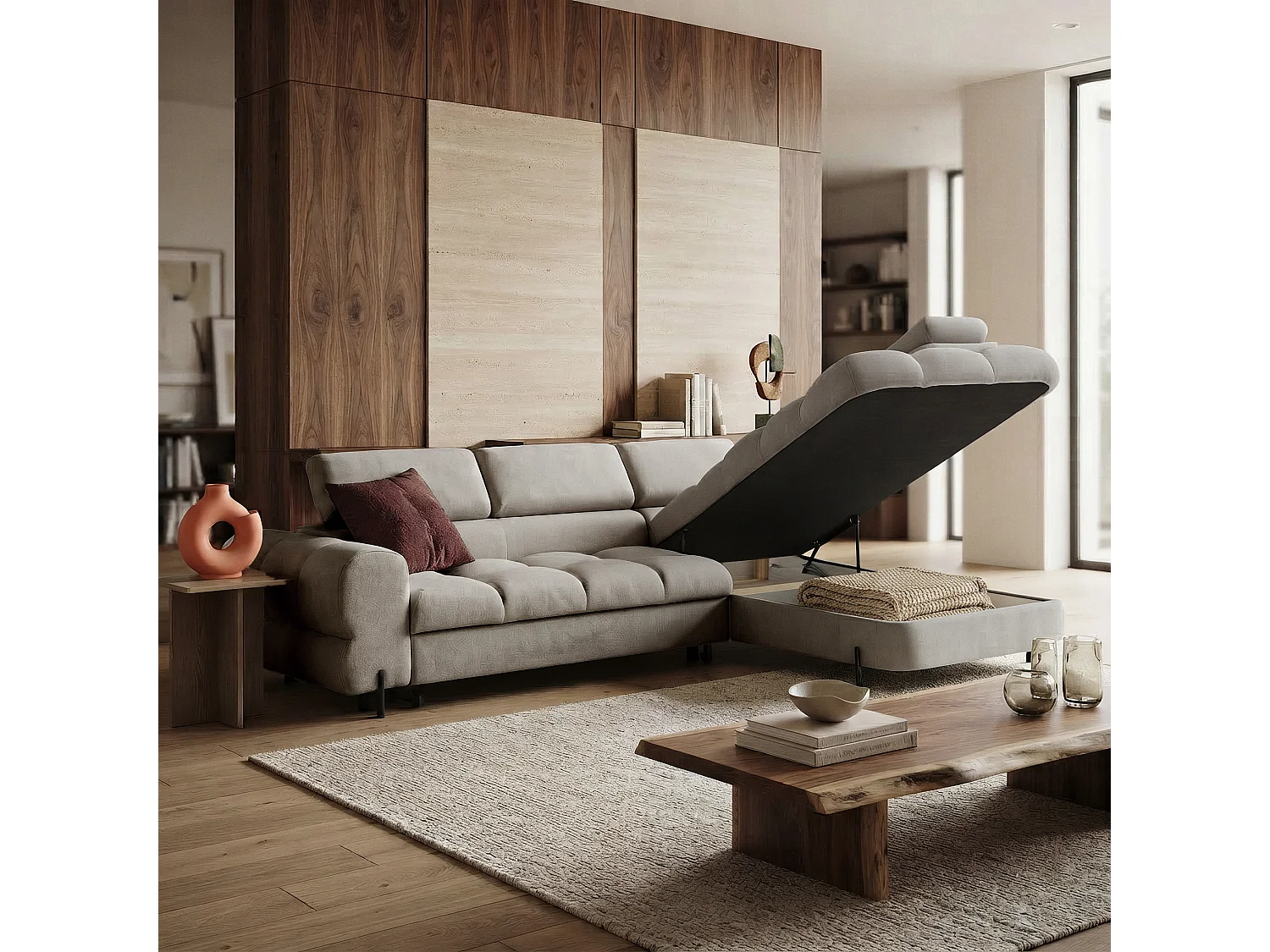 Canapé d'angle BOWL L Droite avec fonction couchage 125x195 Velours Beige