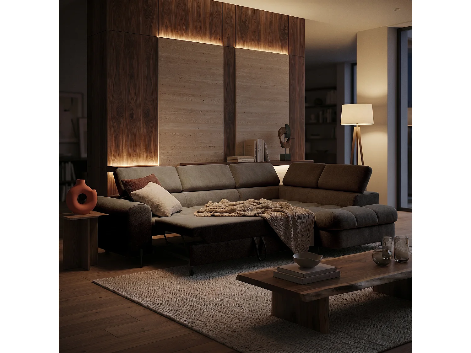 Canapé d'angle BOWL L Droite avec fonction couchage 125x195 Velours Beige