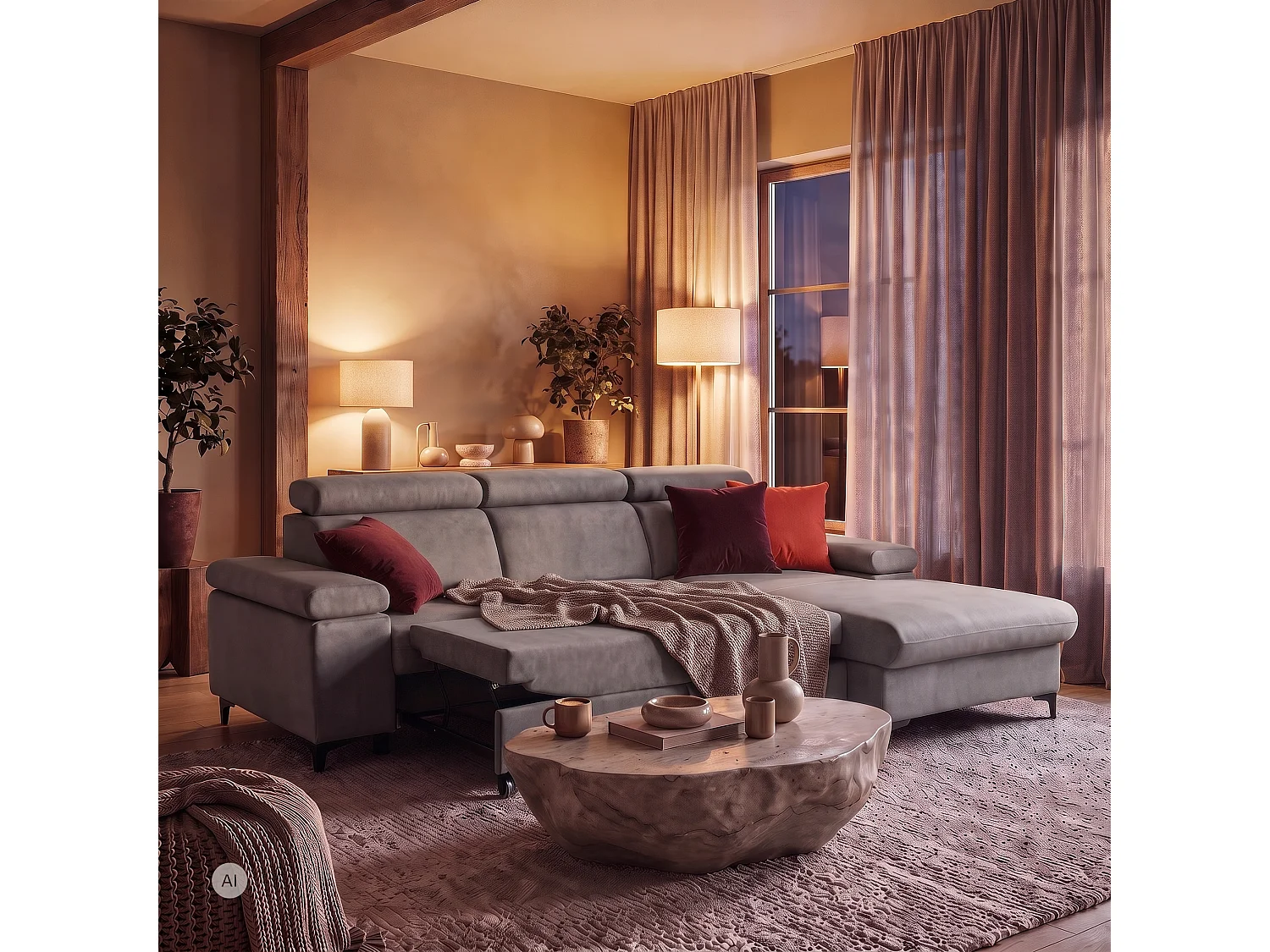 Canapé d’angle MAVIC L droite avec fonction couchage en velours 126 x 200 cm gris clair