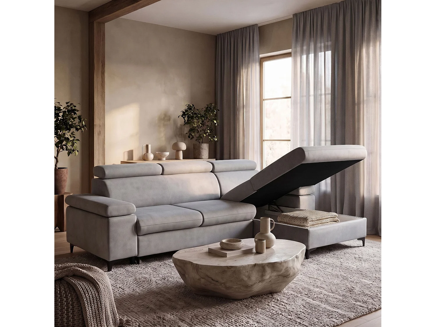 Canapé d’angle MAVIC L droite avec fonction couchage en velours 126 x 200 cm gris clair