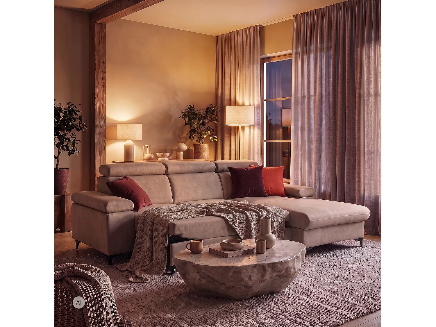 Canapé d’angle MAVIC L droite avec fonction couchage en velours 126 x 200 cm creme