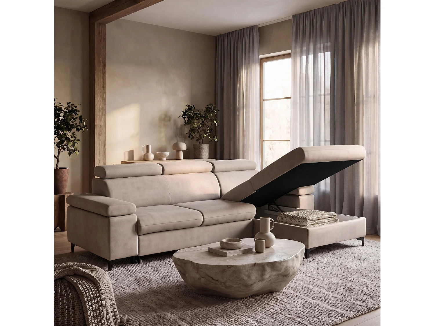 Canapé d’angle MAVIC L droite avec fonction couchage en velours 126 x 200 cm creme
