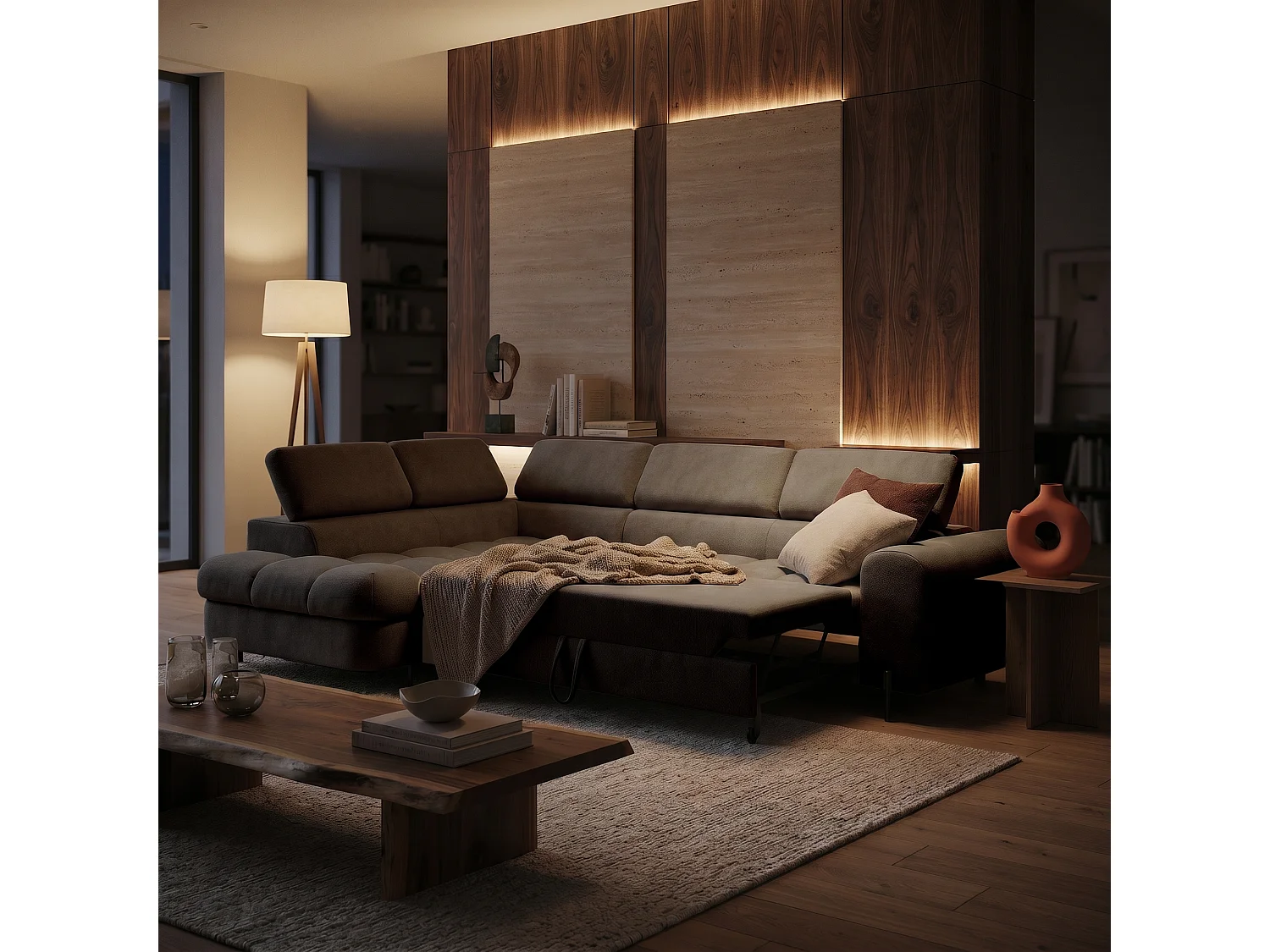 Canapé d'angle BOWL L Gauche avec fonction couchage 125x195 Velours Beige