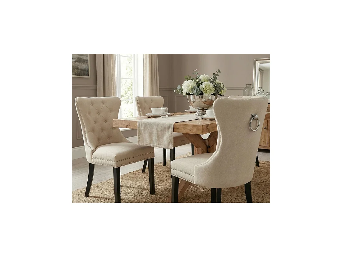 Set van 2 REGINA beige linnen gestoffeerde stoelen - Zilveren ring, decoratieve nagels en zwarte houten poten van rubberhout