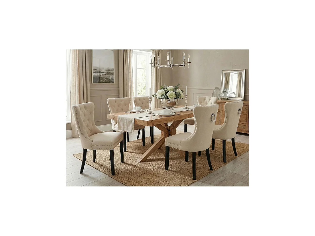 Set van 2 REGINA beige linnen gestoffeerde stoelen - Zilveren ring, decoratieve nagels en zwarte houten poten van rubberhout