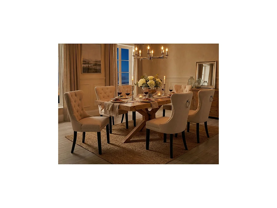 Set van 2 REGINA beige linnen gestoffeerde stoelen - Zilveren ring, decoratieve nagels en zwarte houten poten van rubberhout